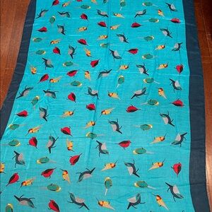 Oversized Blue Scarf with Colorful Bird Novelty Print